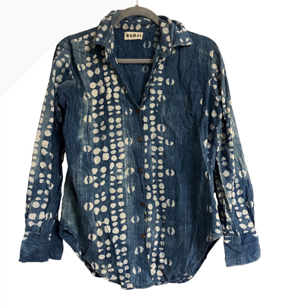 NOT FOR SALE. Namai Indigo Blue White Batik Dot Print Cotton Button Down Shirt